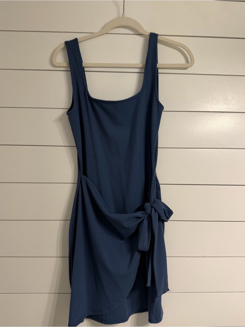 Blue Blush Ribbed Mini Dress with Side Tie in Navy